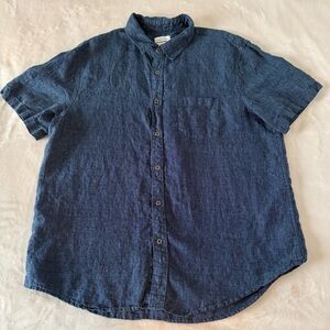 Caribbean Joe XL 100% Linen Short Sleeve Button Up Shirt Navy Blue Coastal